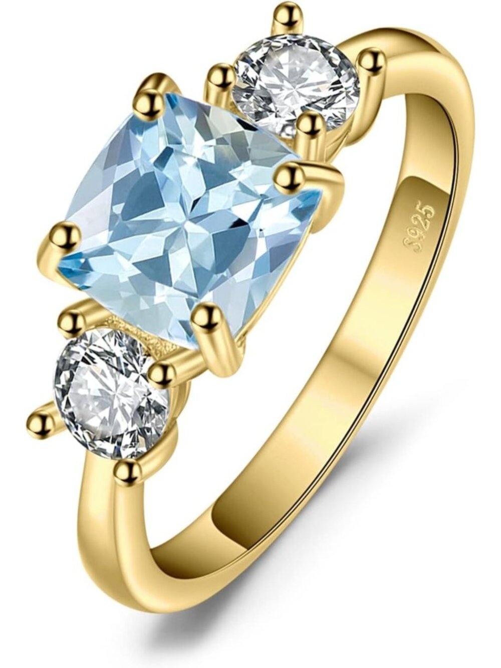 Cushion Cut 2.6ct Blue Topaz 3-Stone Ring, 14K Gold Plated Sterling Silver